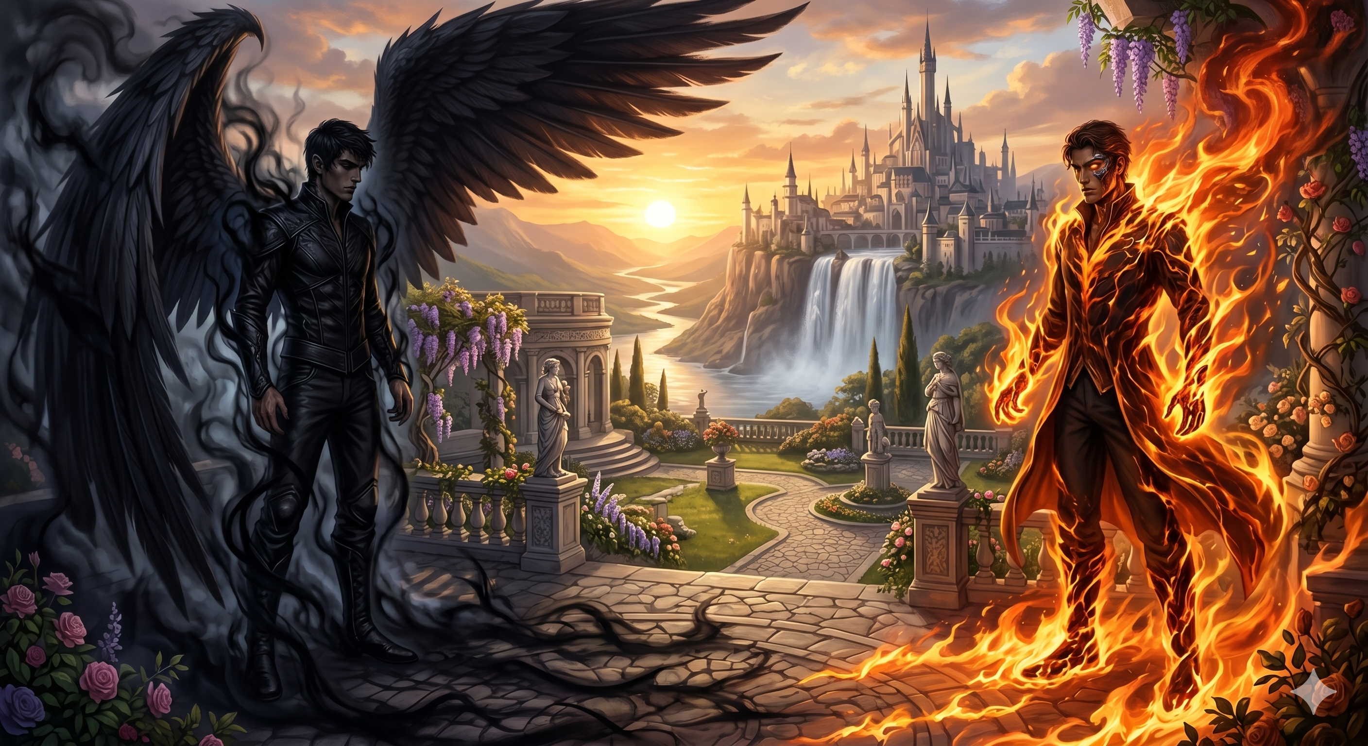 A sunlit garden in Velaris overshadowed by two looming figures: one wreathed in shadows, the other glowing with autumn fire.