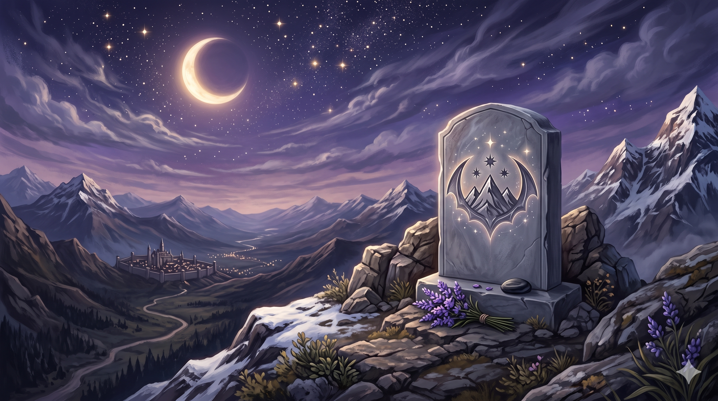 The Night Court insignia carved into a solitary, pristine tombstone atop a mountain.